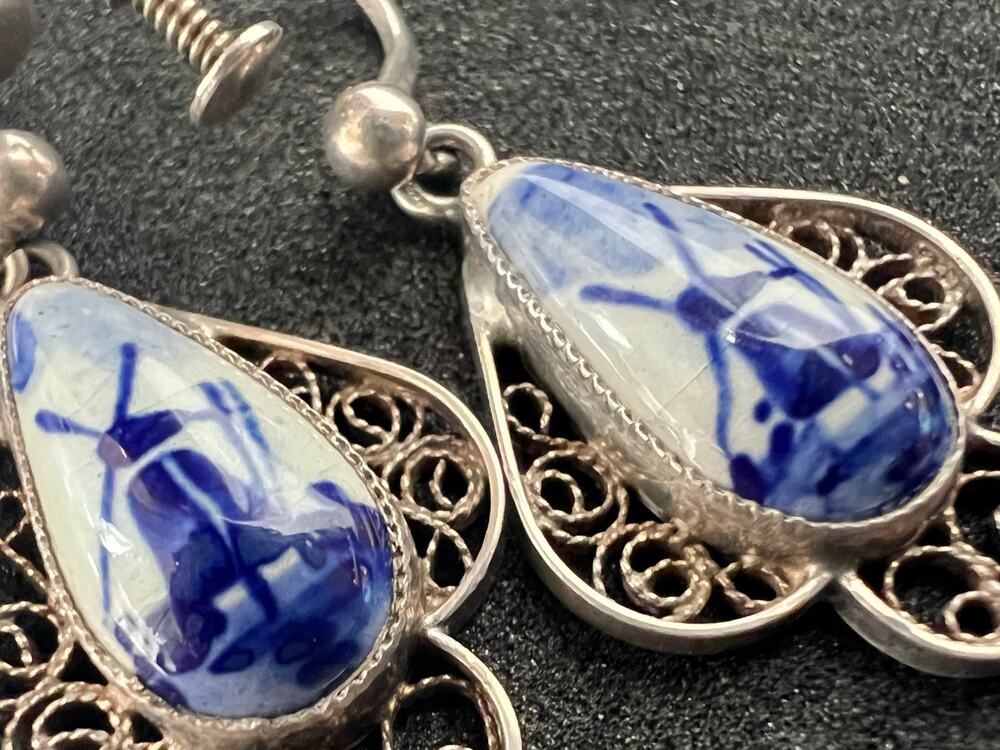 Late Vintage Delft Sterling Filigree Windmill Earrings
